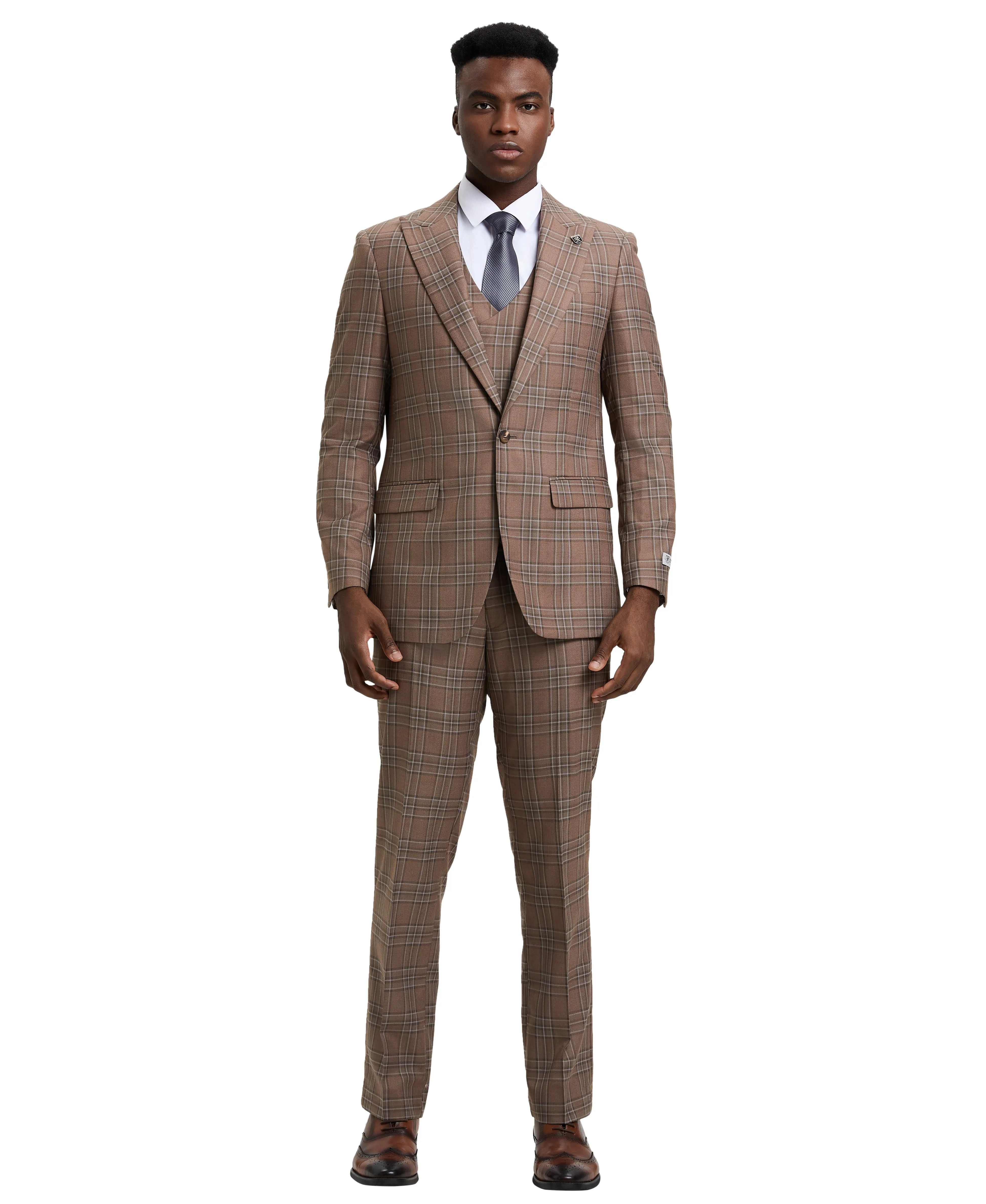 Stacy Adams Hybrid-Fit Double-Breast Vested Suit, Windowpane Brown