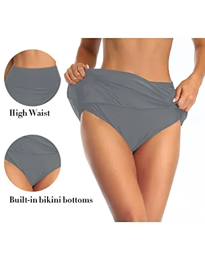 Stylish High Waisted Swim Skirt With Tummy Control For Women-Grey