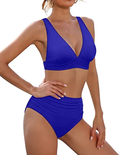 V Neck Two Piece Swimsuit High Waisted Tummy Control Bathing Suit-Royal Blue