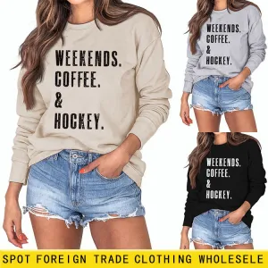 WEEKENDS COFFEE Letter Round Neck Loose Fall/Winter Basement Long Sleeve Sweater Girl