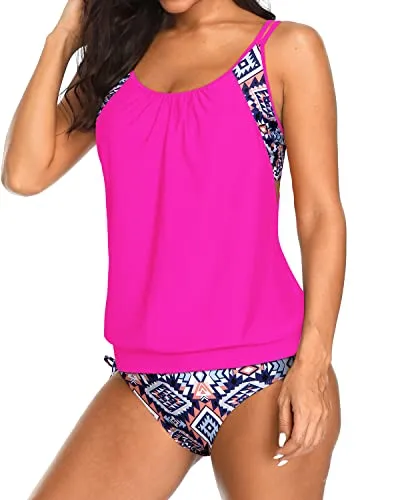 Women's Layered Tankini Swimsuits For Women 2 Piece Blouson Tankini-Pink Tribal