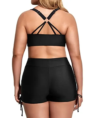 Womens Plus Size Tankini Swimsuits With Bikini Top And Boy Shorts-Black