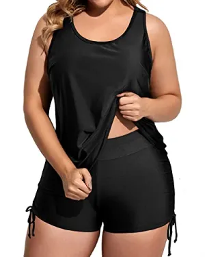 Womens Plus Size Tankini Swimsuits With Bikini Top And Boy Shorts-Black