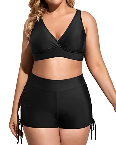 Womens Plus Size Tankini Swimsuits With Bikini Top And Boy Shorts-Black