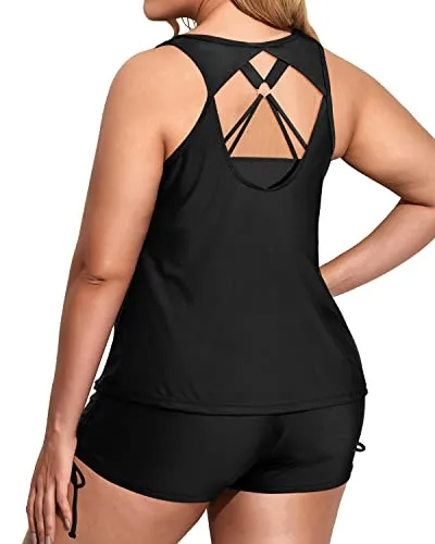 Womens Plus Size Tankini Swimsuits With Bikini Top And Boy Shorts-Black