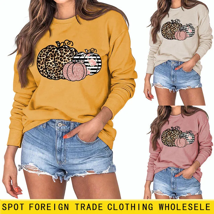 Women's Pumpkin Leopard Halloween Round Neck Long Sleeve Sweater