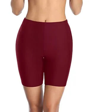 Women's Swim Shorts With Tummy Control Boy Shorts-Maroon