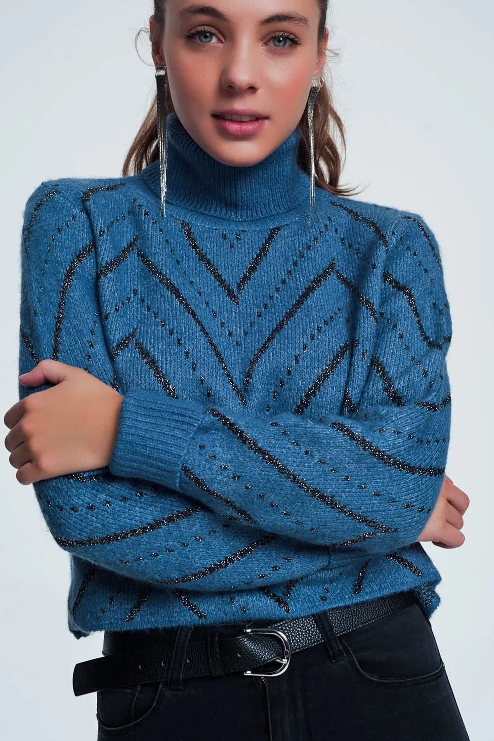 Woven Blue Turtleneck Sweater