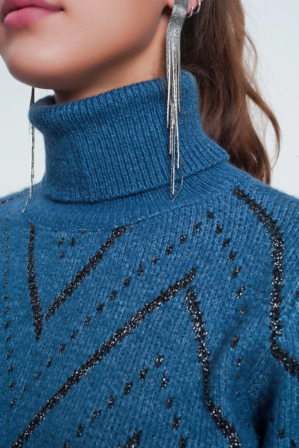 Woven Blue Turtleneck Sweater